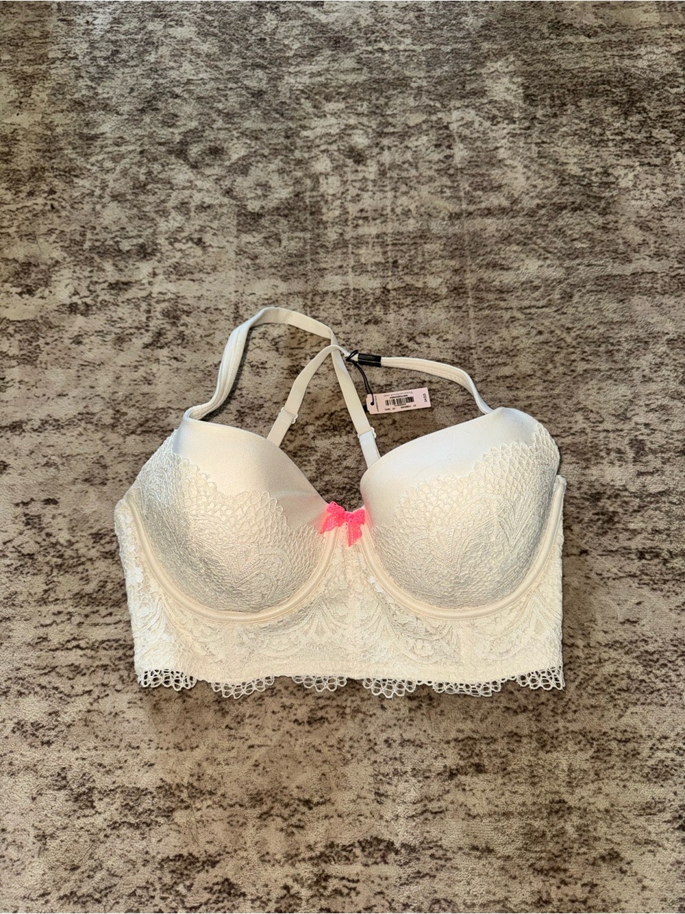 Victoria's Secret Cream Lace Longline Bra with Pink Bow Accent